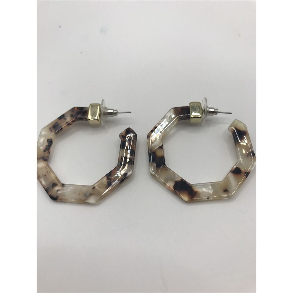 Tortoise Acrylic Resin Octogon‎ Brown Cream Tan Hoop EARRINGS